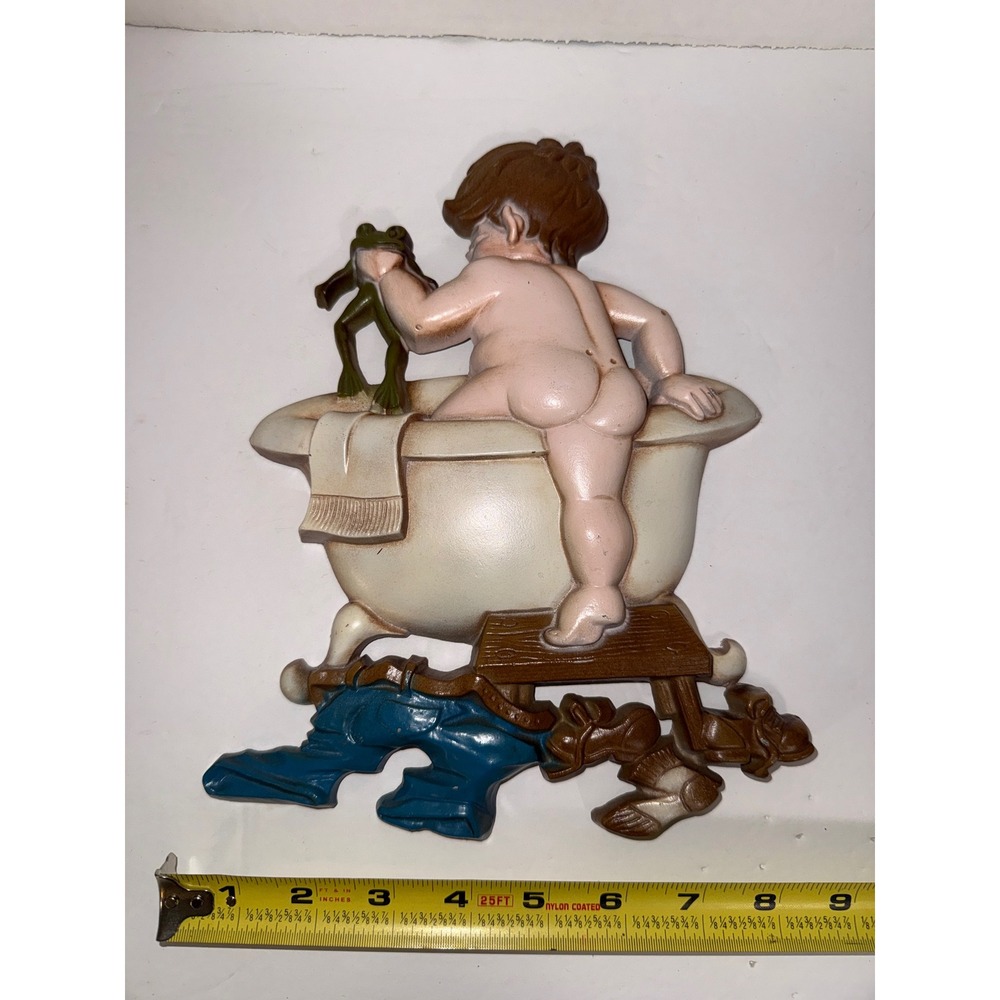 Vintage 1970 Sexton Cast Metal Boy in Bathtub with Frog Wall Art Decor 1215